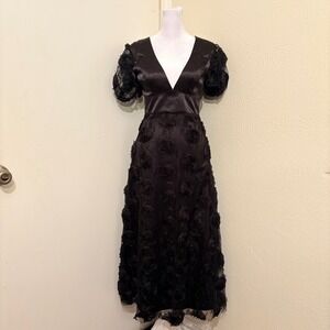 Lulus Black 3D Rosette Lace Satin V-Neck Midi Dress Puff Sleeve Floral Romantic